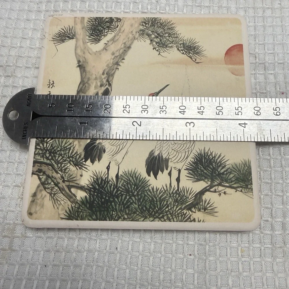 Vintage Japanese Ceramic Coaster Trivet Set Crane Torii Gate Pagoda Cork Back